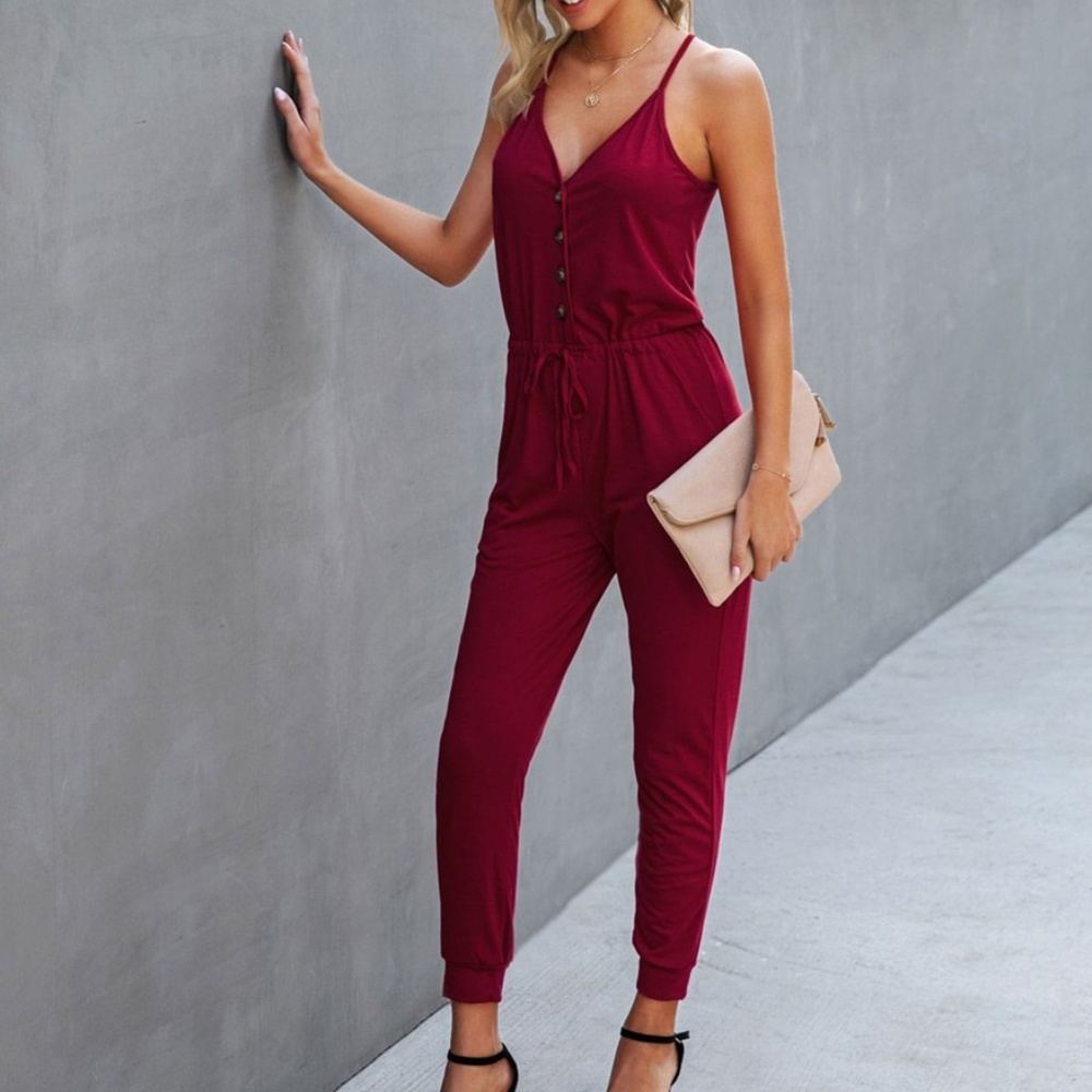 Drawstring Button Front Cami Jumpsuit Boho Olive - Picture 4 of 10